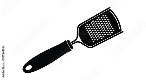 A stark black silhouette depicts a kitchen utensil specifically a metal cheese grater on white background silhouette