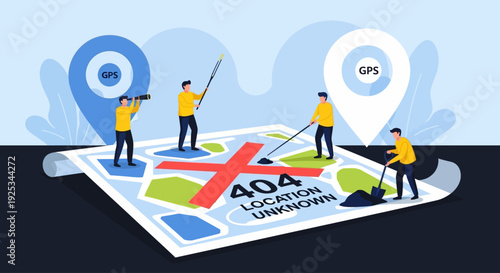 Workers fixing error on digital map with GPS location markers