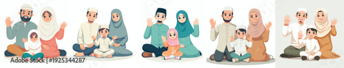 Muslim family vector sitting on the floor happily waving hands