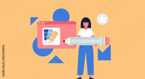 Woman creating digital art with giant pencil and browser window displaying graphic design software interface