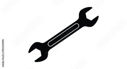 A stark black silhouette of an adjustable wrench angled diagonally against a plain white background silhouette high quality