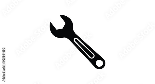 A stark black wrench is displayed against a white background showcasing a simple tool design silhouette high quality