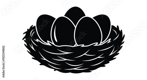 A striking black silhouette depicts a bird s nest filled with eggs showcasing natural forms and textures silhouette