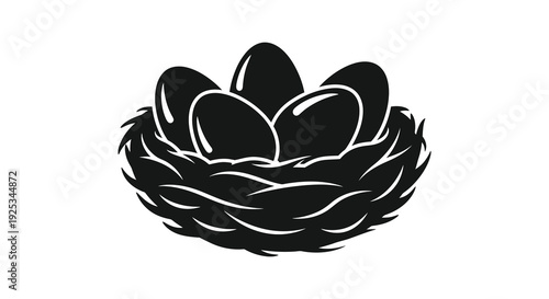 A detailed depiction of a bird s nest containing eggs presented as a striking black silhouette high quality professional
