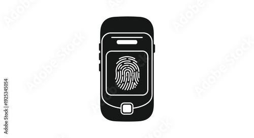 A black and white illustration depicts a modern smartwatch displaying a fingerprint lock screen silhouette high quality professional