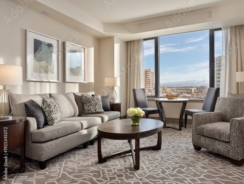 A living room with a couch, coffee table, and chairs