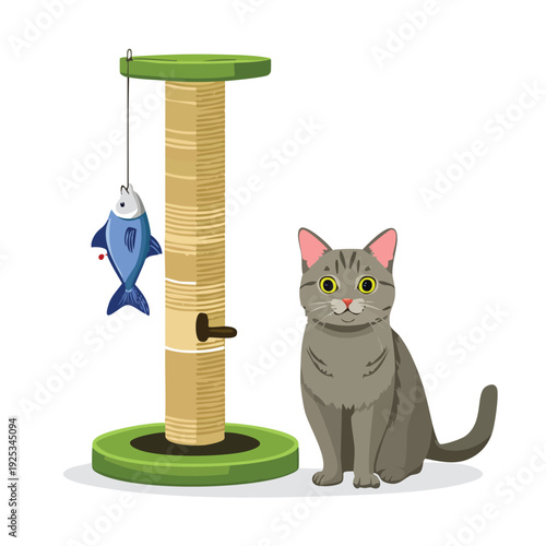 Cat beside a scratching post toy with a dangling fish