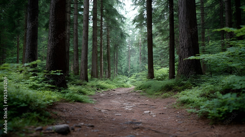 Fototapeta premium A serene forest path winds through a dense woodland in soft d d light inviting peaceful explo n