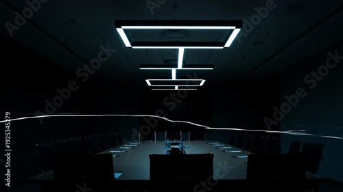 Dark conference room featuring long table, chairs, and square, modern hanging lights