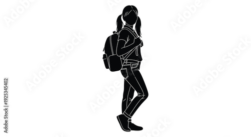 A striking black silhouette depicts a young woman with a backpack poised in a casual stance silhouette