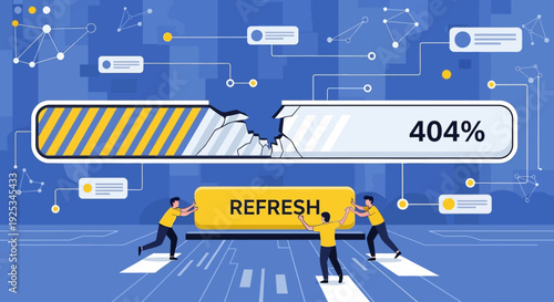 People attempting to repair a broken digital screen displaying a 404 error message