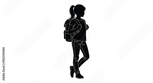A young woman with a ponytail and backpack stands in profile a striking black silhouette high quality professional