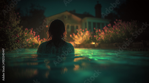 Woman emerging from dark lake water at night near haunted house in foggy forest thriller mystery concept for horror posters book covers and cinematic storytelling