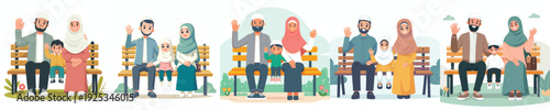 Muslim family vector sitting on park bench happily waving hands