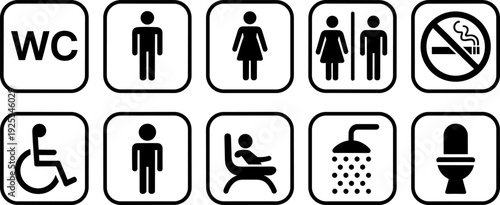 Black and white public facility icon set, restroom signs, accessibility, no smoking, shower, toilet, lounge, child-friendly, universal symbols illustration