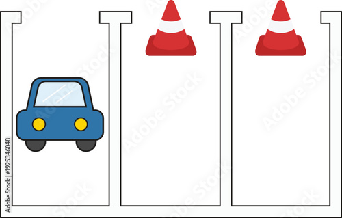 Vector illustration of a car parked in one parking space with two other spaces blocked by orange traffic cones. The design showing parking management, reserved spots, and traffic control concept.