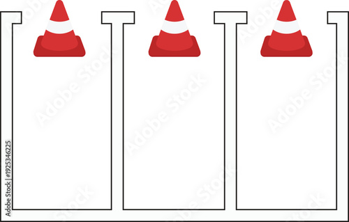 Minimalist vector illustration of three parking slots marked with orange traffic cones. Simple flat design showing reserved parking spaces with road safety cones placed in each slot.
