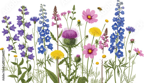 Colorful wildflowers and thistle with bee on white background purple blue
