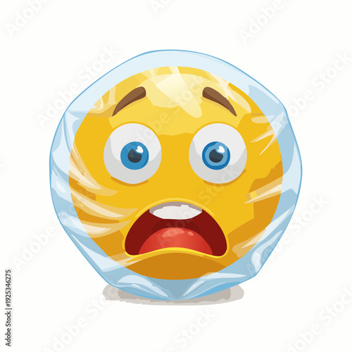A shocked yellow emoji face wrapped in plastic wrap.