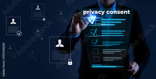 Photos Privacy consent management interface with businessman approving data protection agreement ensuring regulatory compliance secure user authorization and digital personal information governance
