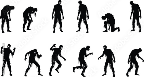Zombie silhouette icons with horror walking and reaching poses for Halloween and spooky theme - black vector illustration set