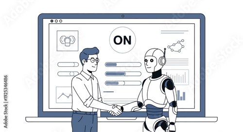 A man and a robot shaking hands in front of a large computer screen displaying various interface elements and the word ON