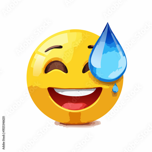 Yellow laughing emoji with a blue water drop on its cheek.