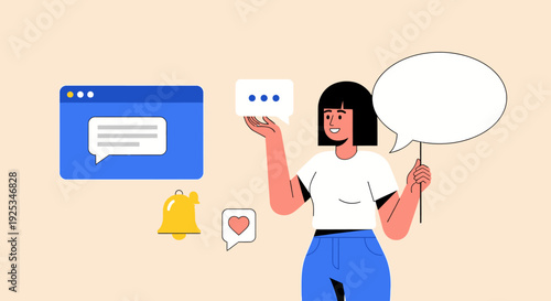 Woman holding speech bubble and notification icon, illustrating online communication and social media interaction in a digital landscape from a front viewpoint