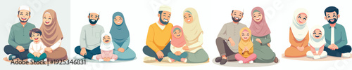 Muslim family vector sitting on the floor happily