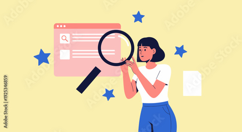 Woman examining a magnified browser window with stars surrounding her, holding a magnifying glass