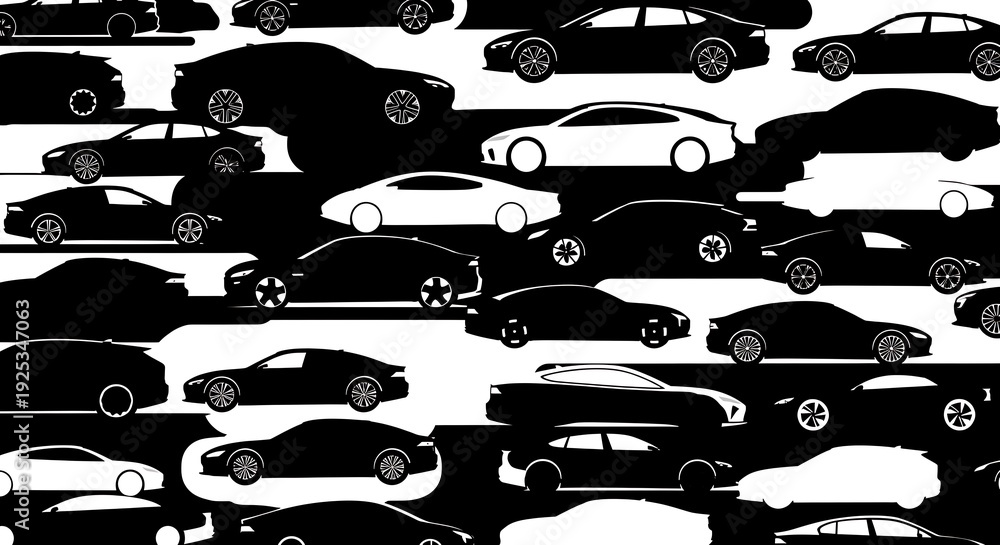 Black and white seamless pattern of various car silhouettes on a road.