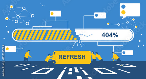 A digital illustration of a webpage loading progress bar stuck at 404% with refresh icons and abstract network elements on a blue background from a top-down viewpoint