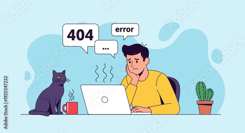 A man sitting at a desk with a laptop experiencing an error message with a cat beside him