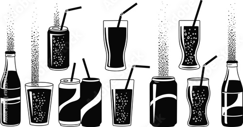 Carbonated beverage silhouette vector illustration set, soda icons with bottles and glasses, stylish artwork, decorative graphics, drink motifs