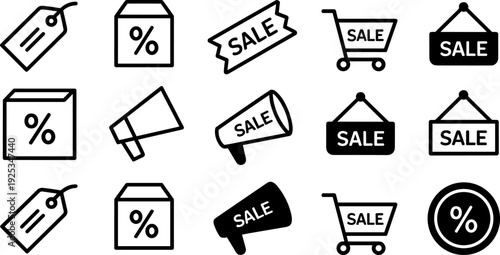 Black and white sales and discount icon set, price tags, percentage symbols, shopping cart, megaphone, SALE signs, e-commerce marketing illustration