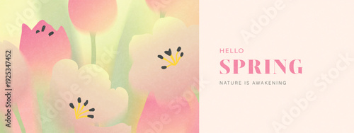 Elegant spring banner template with copy space, featuring soft blurred flowers in a modern artistic style with grainy texture, for seasonal sales, promotions and nature awakening, vector illustration.