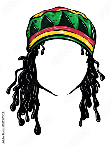 Jamaican rasta hat with dreadlocks. Reggae style avatar. vector illustration
