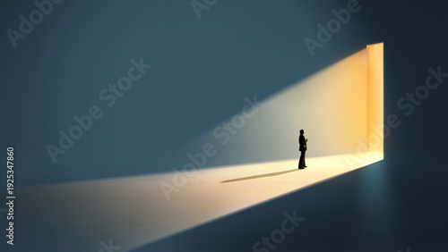 Foto Conceptual poster businesswoman walking toward illuminated doorway in dark space