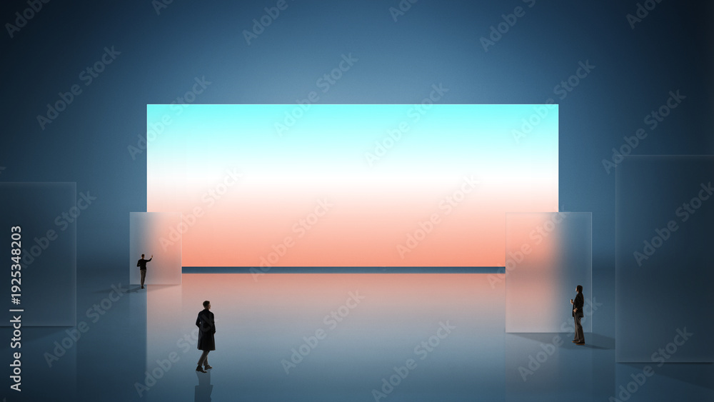 Obraz premium Immersive composition professionals interacting within expansive digital display space. Concept of virtual collaboration, user interface design, data environment and connected technology ecosystem.