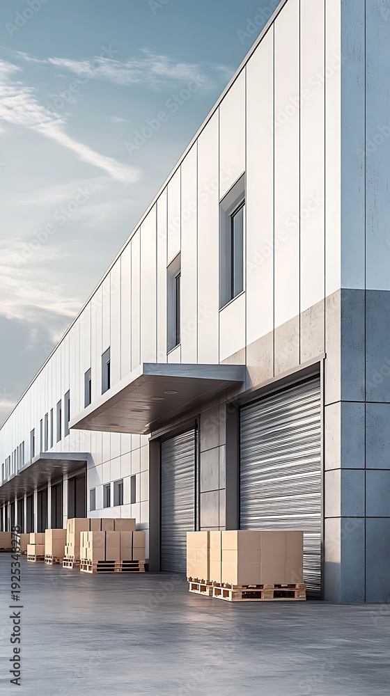 Fototapeta premium Modern warehouse with loading dock and cardboard boxes on pallets