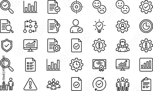 Business management outline vector icon set, analytics workflow symbols, audit report graphics, productivity tools, quality control, minimal line ui pack