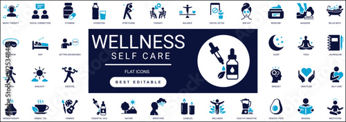 Wellness and Self Care Solid Icon Set Mindfulness, Mental Health, Relaxation, Spa, Healthy Lifestyle, Beauty, Yoga, Balance Professional Vector Editable