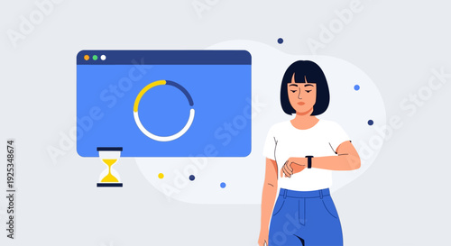 Woman waiting for webpage to load, standing beside loading animation and hourglass icon, illustrating patience and technology frustration