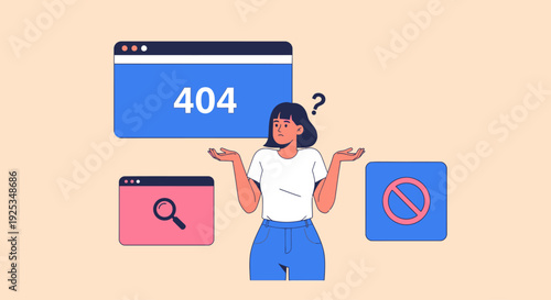 A puzzled woman standing amidst web browser windows displaying error messages and symbols, questioning online connectivity in a modern digital landscape from a direct viewpoint