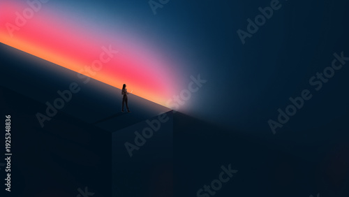 Obraz na plátne Dramatic mixed media professional standing on edge of geometric platform with digital horizon