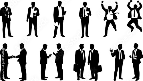 Black business professional silhouette icon set, corporate teamwork, handshake, communication, celebration, walking with briefcase, formal attire illustration