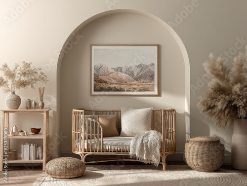 A room with a couch, a crib, and a framed picture of mountains