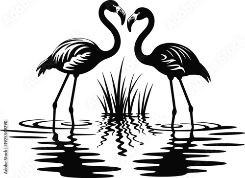 Flamingo silhouette icons with water ripples and reeds for wildlife and landscape theme - black vector illustration set