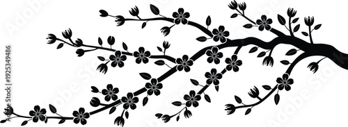 Flowering tree branch silhouette icon with blossoms, buds, and leaves for botanical seasonal theme - black vector illustration 