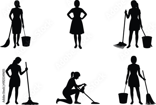 Black and white housekeeper and cleaning service silhouettes set featuring woman with mop, broom and bucket isolated vector icons in minimal flat design